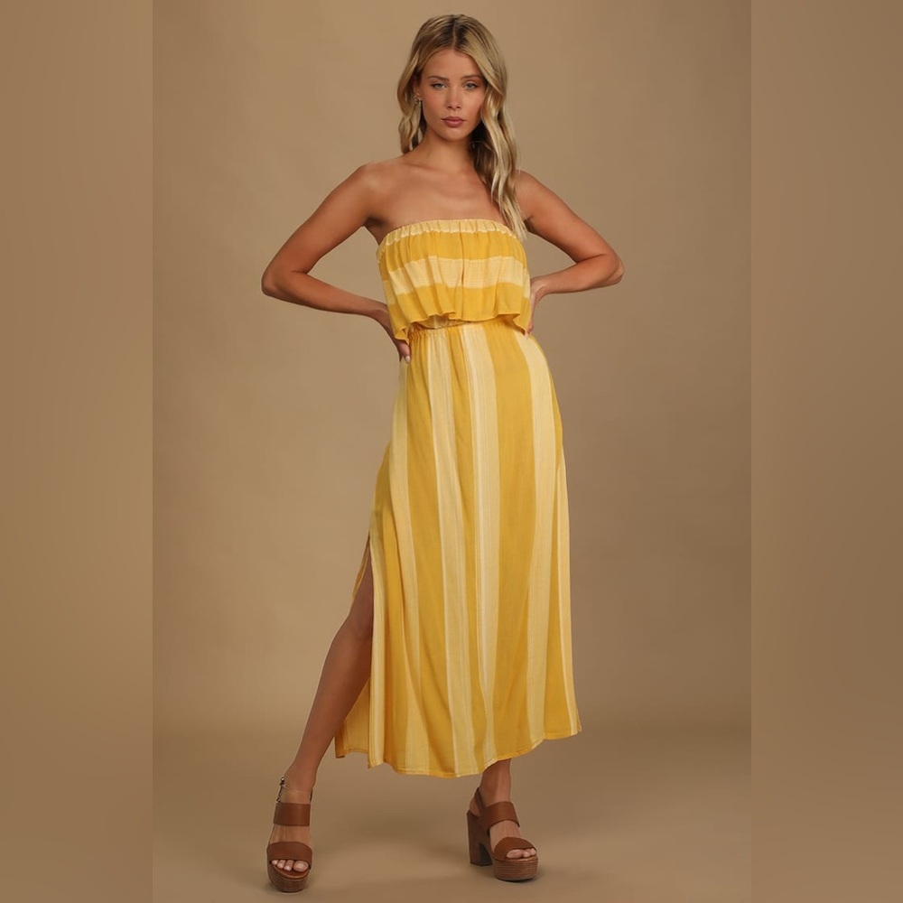 New O’Neill Koi Yellow Striped Strapless Midi Dress Size Large